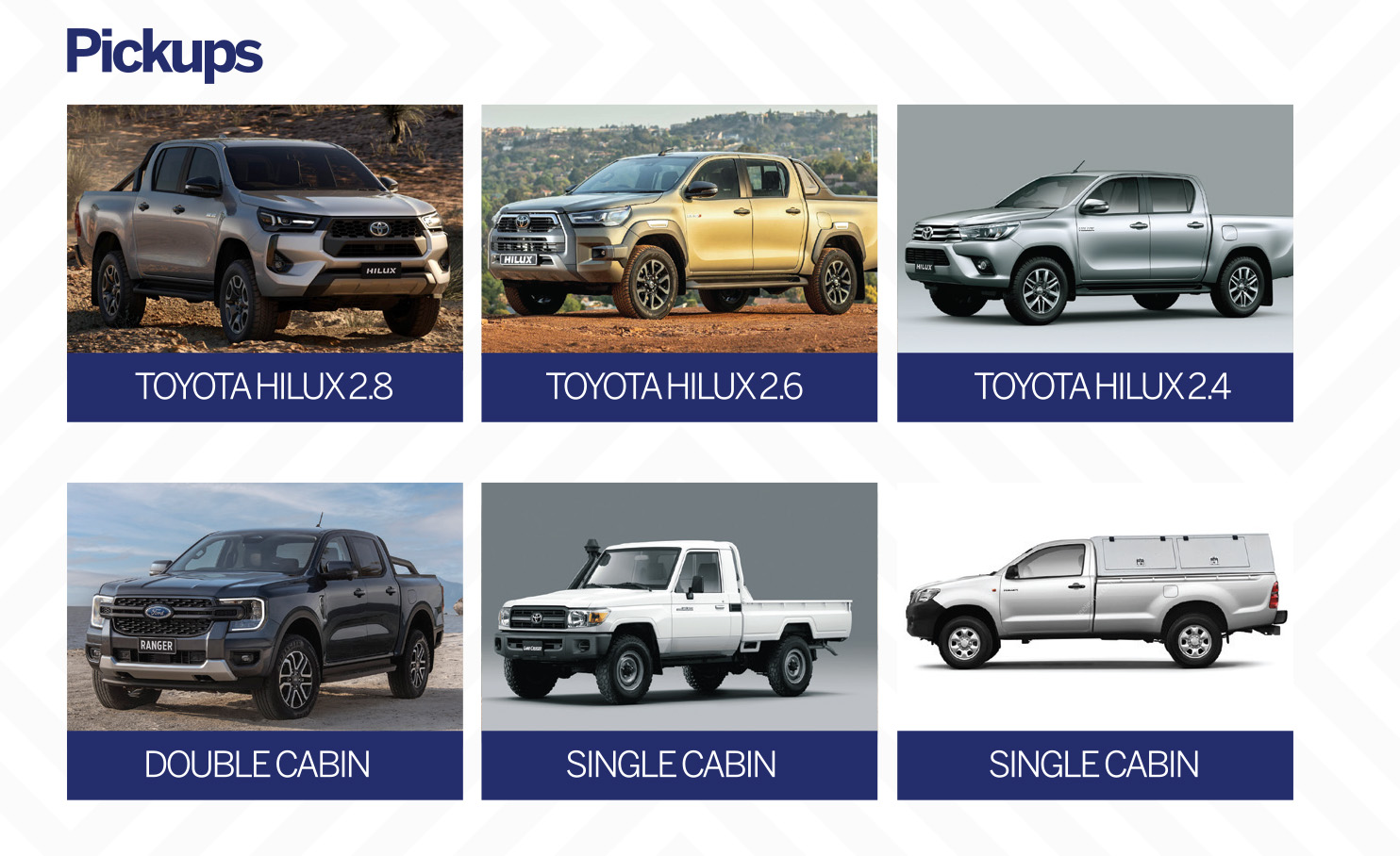 Pickup category: Toyota Hilux, Ford Ranger, single and double cabin