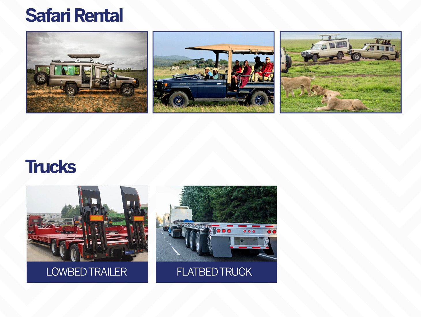 Safari vehicles and trucks category: safari Land Cruisers, lowbed trailer, flatbed truck